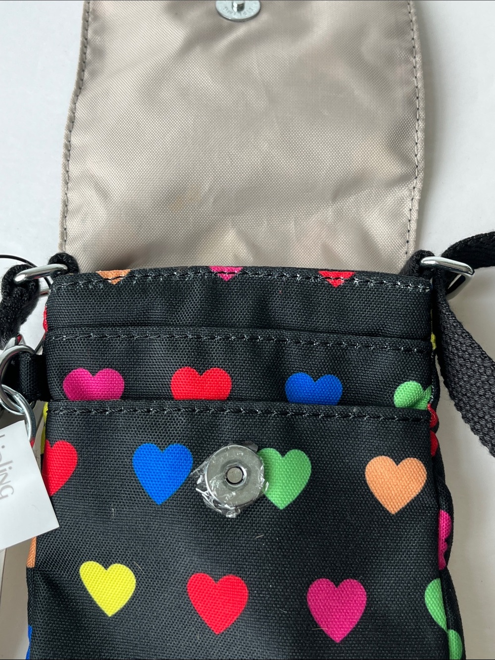 Kipling Wild Hearts Crossbody Black with Rainbow Heart Print Monkey Keychain NWT - Picture 7 of 10